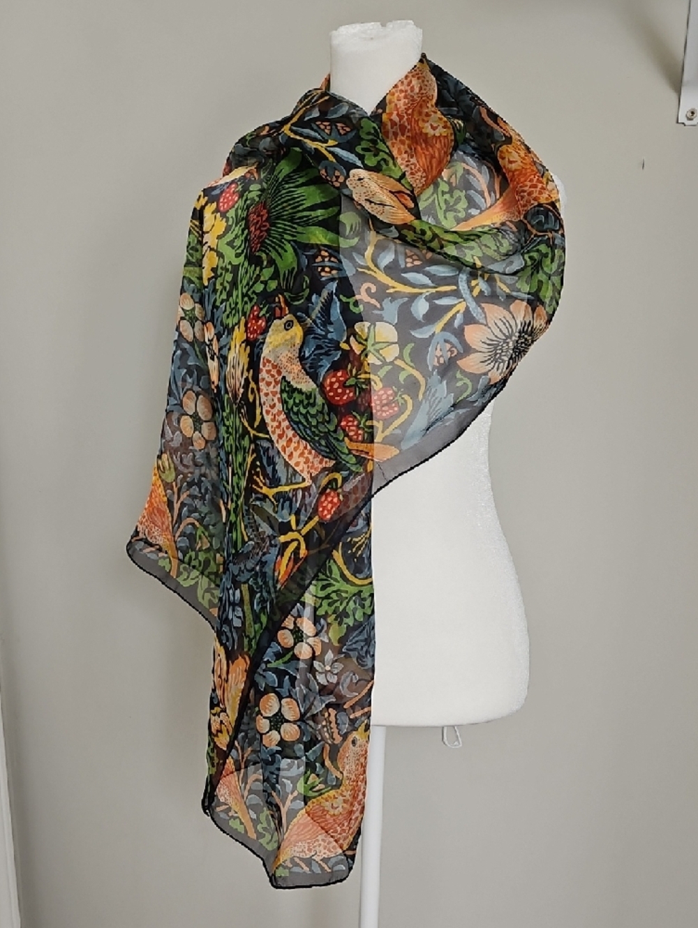 Signare 100% Silk Scarf William Morris Strawberry Thief Bird Print